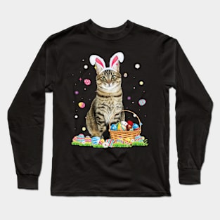 Happy Easter Cute Bunny Cat Eggs Basket Easter Cat Lovers Long Sleeve T-Shirt